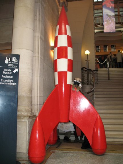 james on a rocket at the Cartoon Museum in Brussels