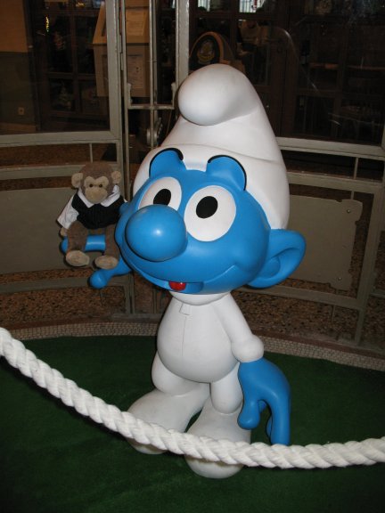 James with a Smurf in Brussels